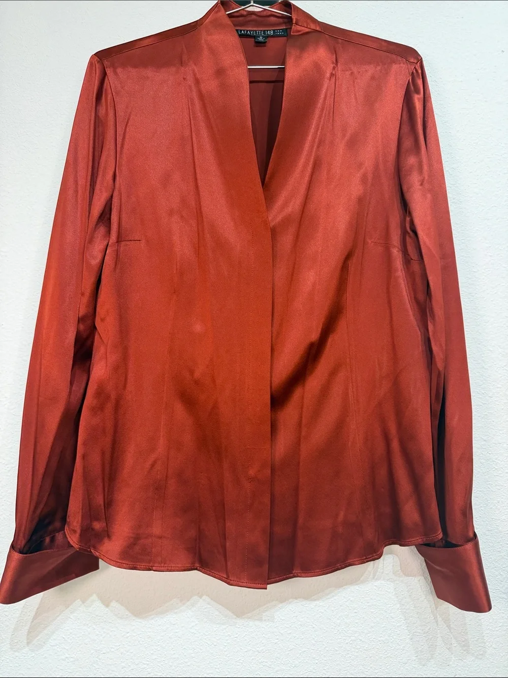 Lafayette 148 New York NWOT 100% Silk Rust Satin Blouse Luxe Minimalist - Picture 2 of 8